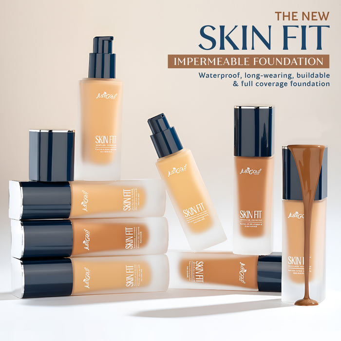 Collection of 'Skin Fit' impermeable foundation bottles on a beige background
best comedogenic foundation
