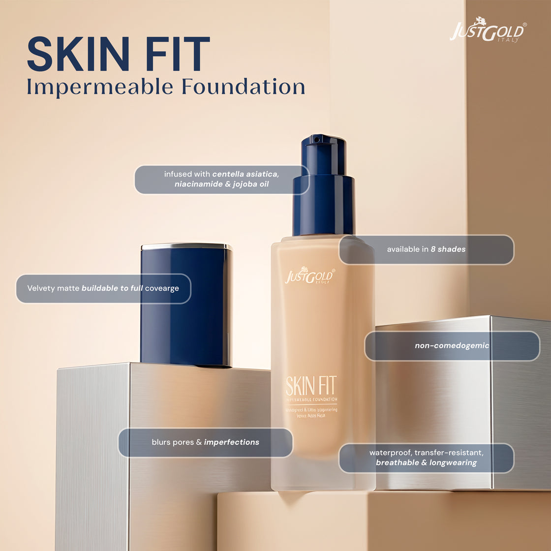 Justgold Skin Fit Impermeable Foundation Waterproof & Ultra-Longwearing Velvet Matte Finish
