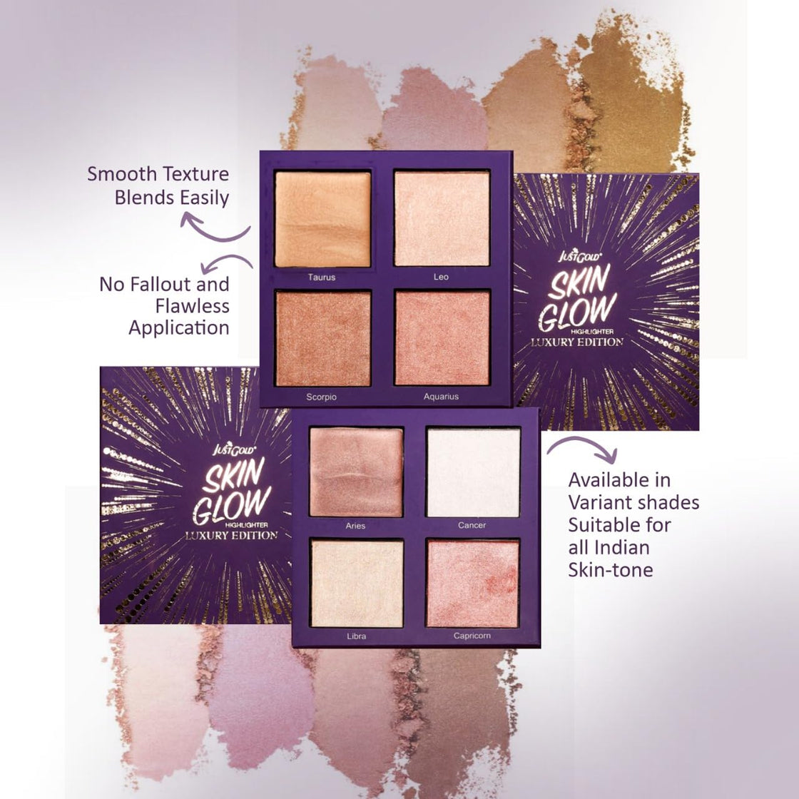 Justgold Skin Glow Highlighter with 4 Illuminating Glow Colour Long Lasting Ultra Blendable Highly Pigmented Shades