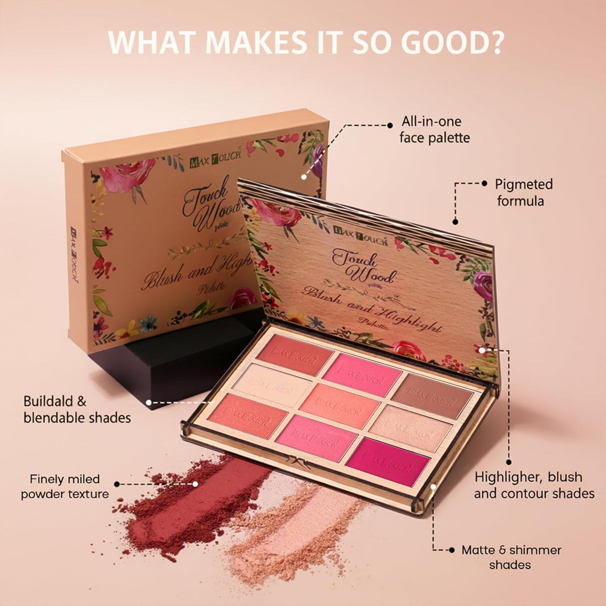 Maxtouch Touch Wood Series- #2509 Blush and Highlight Palette Silky Pigments for Long Lasting Shimmer Look