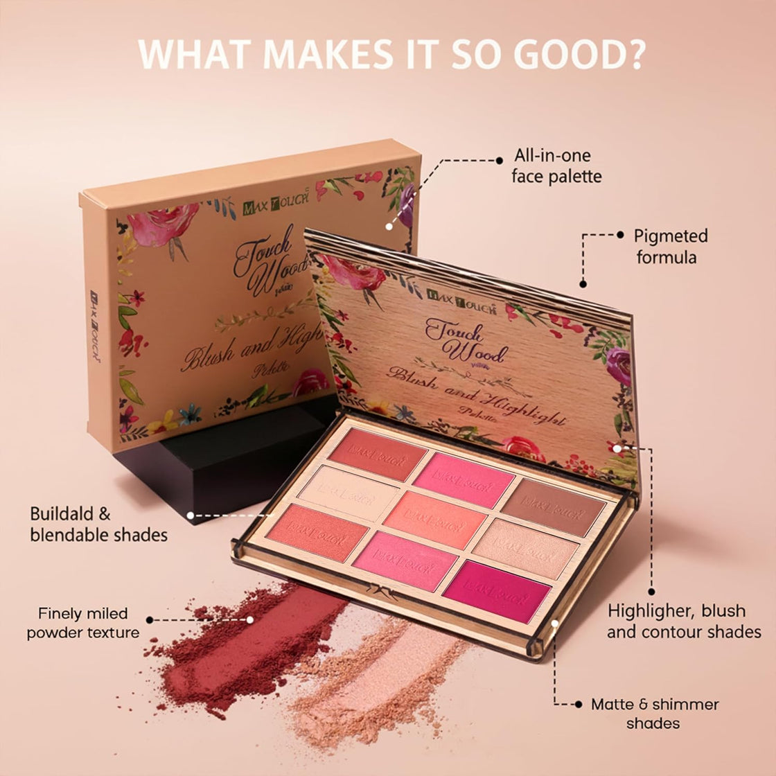 Maxtouch Touch Wood Series- #2509 Blush and Highlight Palette Silky Pigments for Long Lasting Shimmer Look