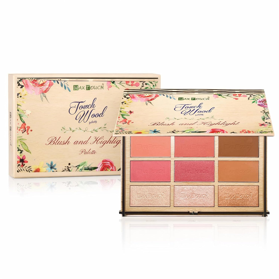 Maxtouch Touch Wood Series- #2509 Blush and Highlight Palette Silky Pigments for Long Lasting Shimmer Look