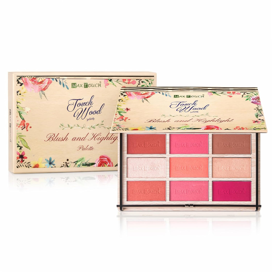 Maxtouch Touch Wood Series- #2509 Blush and Highlight Palette Silky Pigments for Long Lasting Shimmer Look